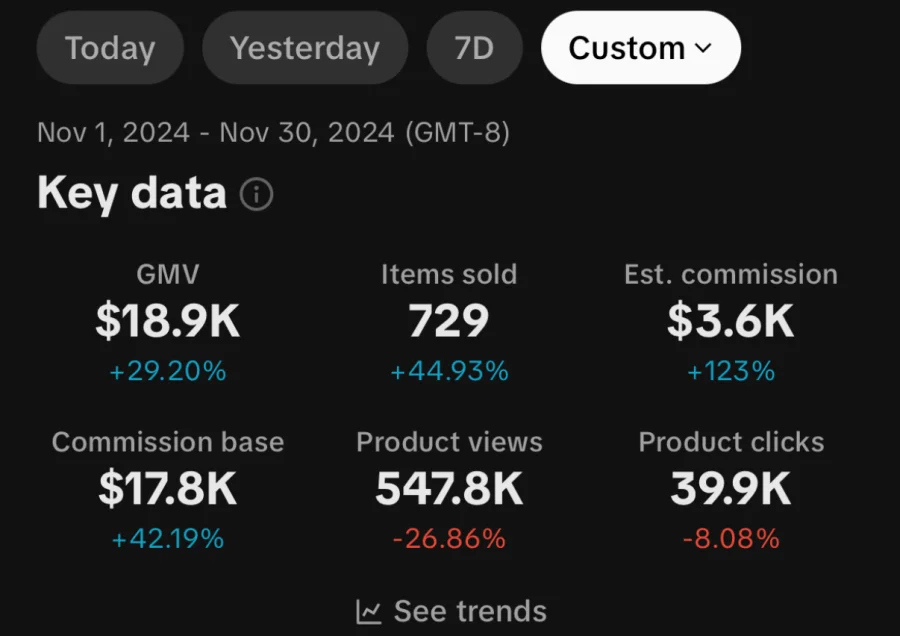 TikTok Shop dashboard for November 2024: $18.9K GMV, 729 items sold, $3.6K estimated commission.
